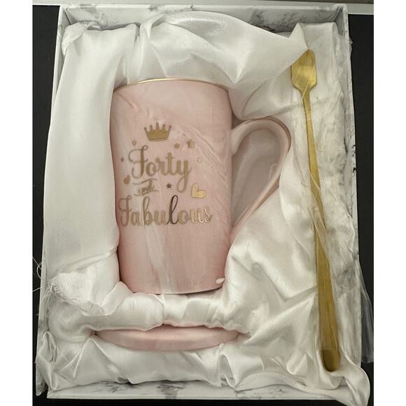 YHRJWN Forty and‎ Fabulous Mug Cup with Coaster and Spoon Pink Marble and Gold - Picture 3 of 6
